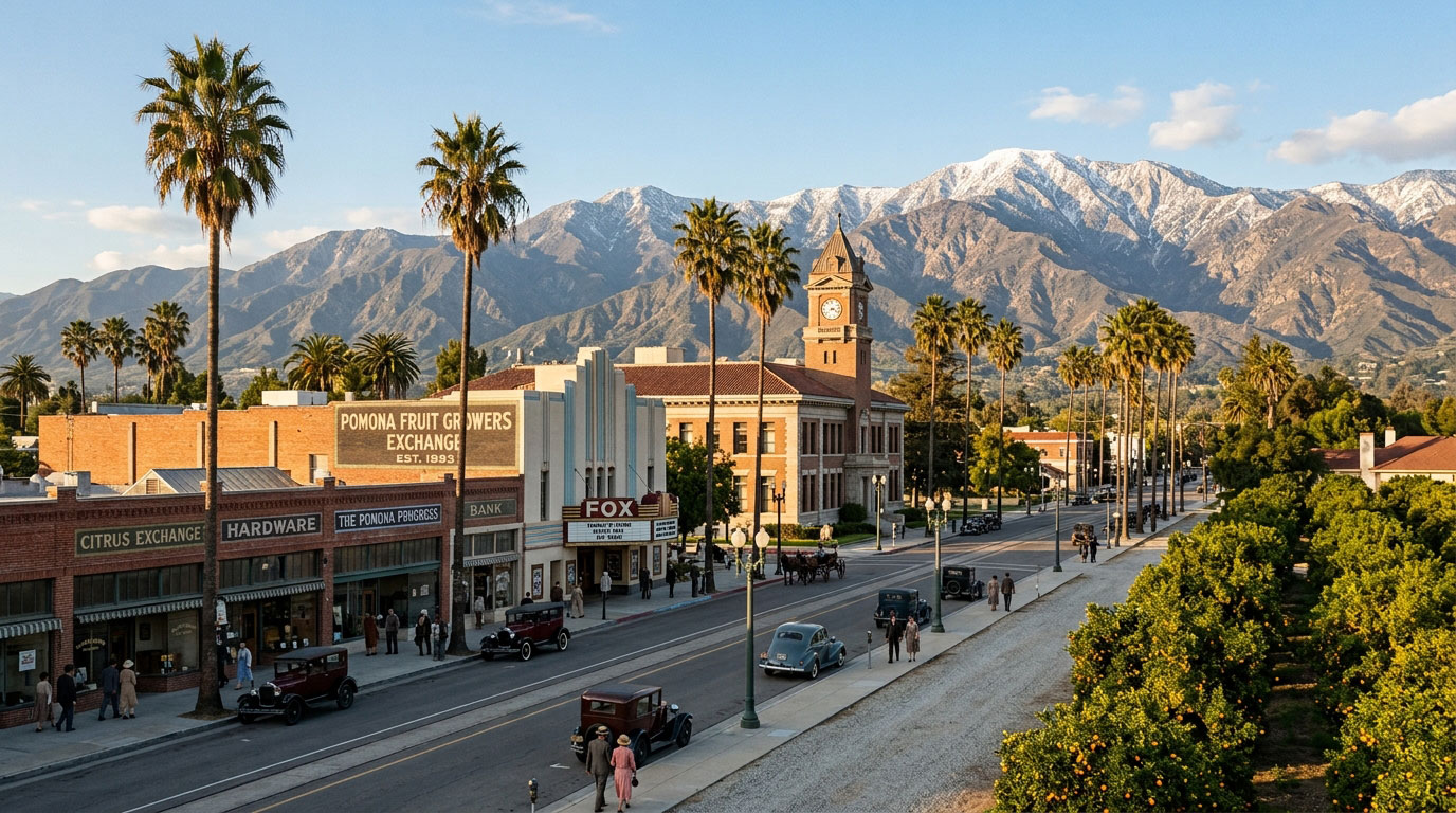 Historic Pomona California with citrus groves, downtown architecture, and San Gabriel Mountains