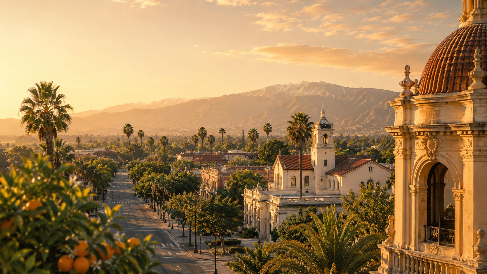 Golden-hour view of a Southern California city with palm-lined streets, historic Spanish-style architecture featuring domed towers, and snow-capped mountains in the background, framed by orange trees and lush greenery.